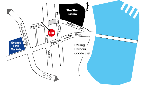 Hand-drawn neighbourhood map showing 188 Harris Street between The Star Casino, Sydney Fish Markets and Darling Harbour
